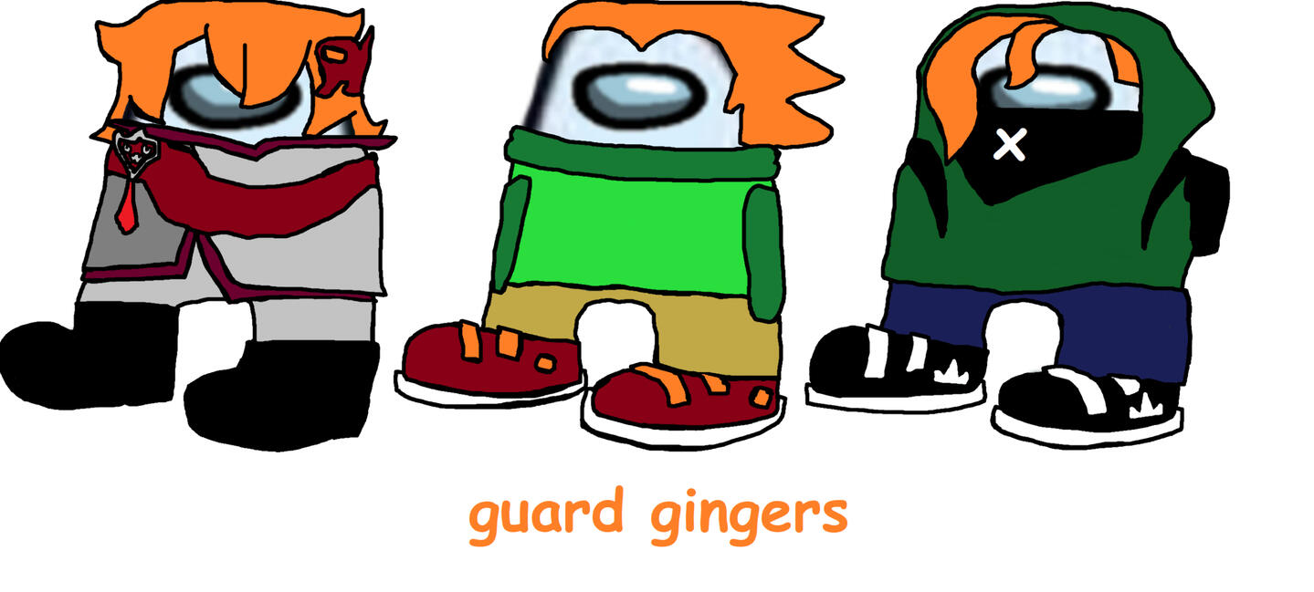 A microsoft paint drawing of three among us characters, dressed to look like Pico from FNF Soft, Pico from Pico's School, and Childe from Genshin Impact. Underneath it is text in orange comic sans that reads "guard gingers."