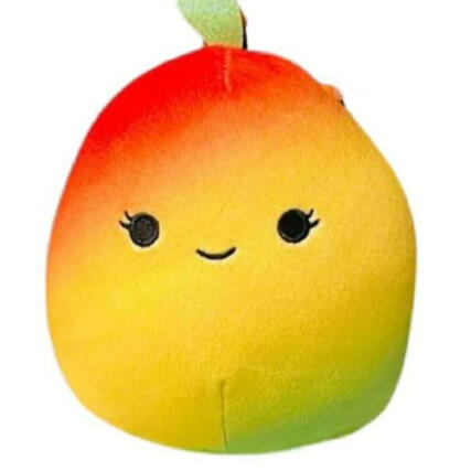 A circular photo of the mango squishmallow.